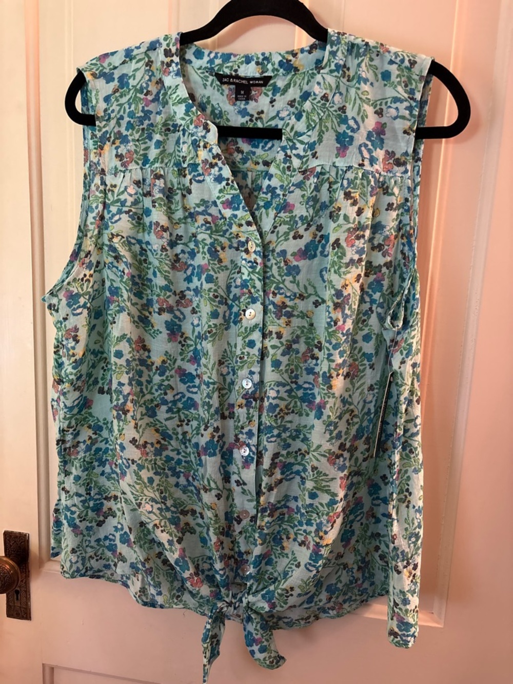 Zac & Rachel Aqua Floral Sleeveless Tie-Front Blouse